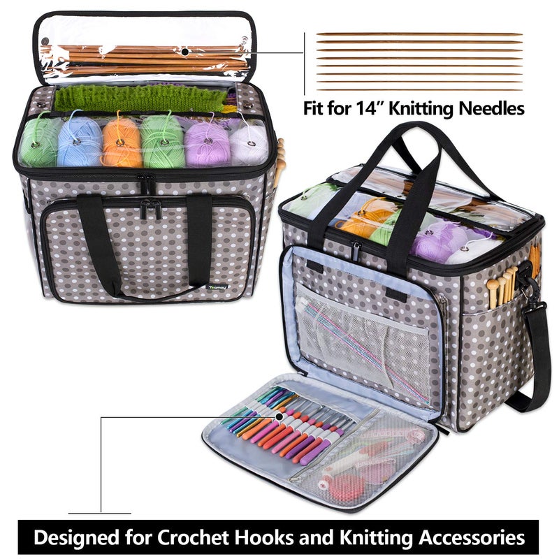 Teamoy Yarn Storage, Crochet Bag Organizer with Yarn Holes, Knitting Bag for Hooks, Knitting Needles(Up to 14"), Project and Supplies, Gray Dots - Image 3